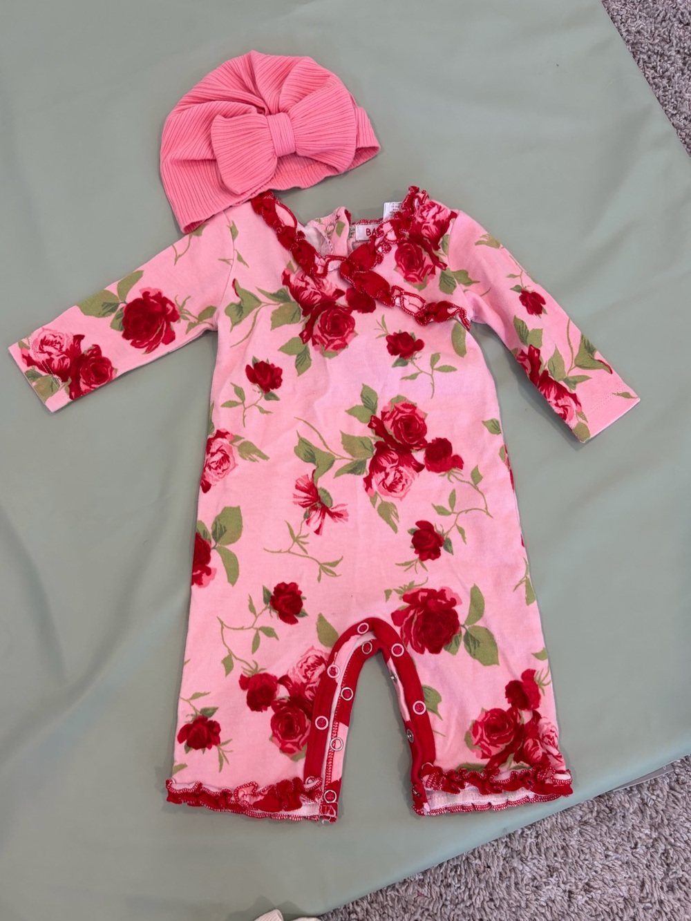 Baby Floral Pink Long-Sleeve Romper with Red Rose Print